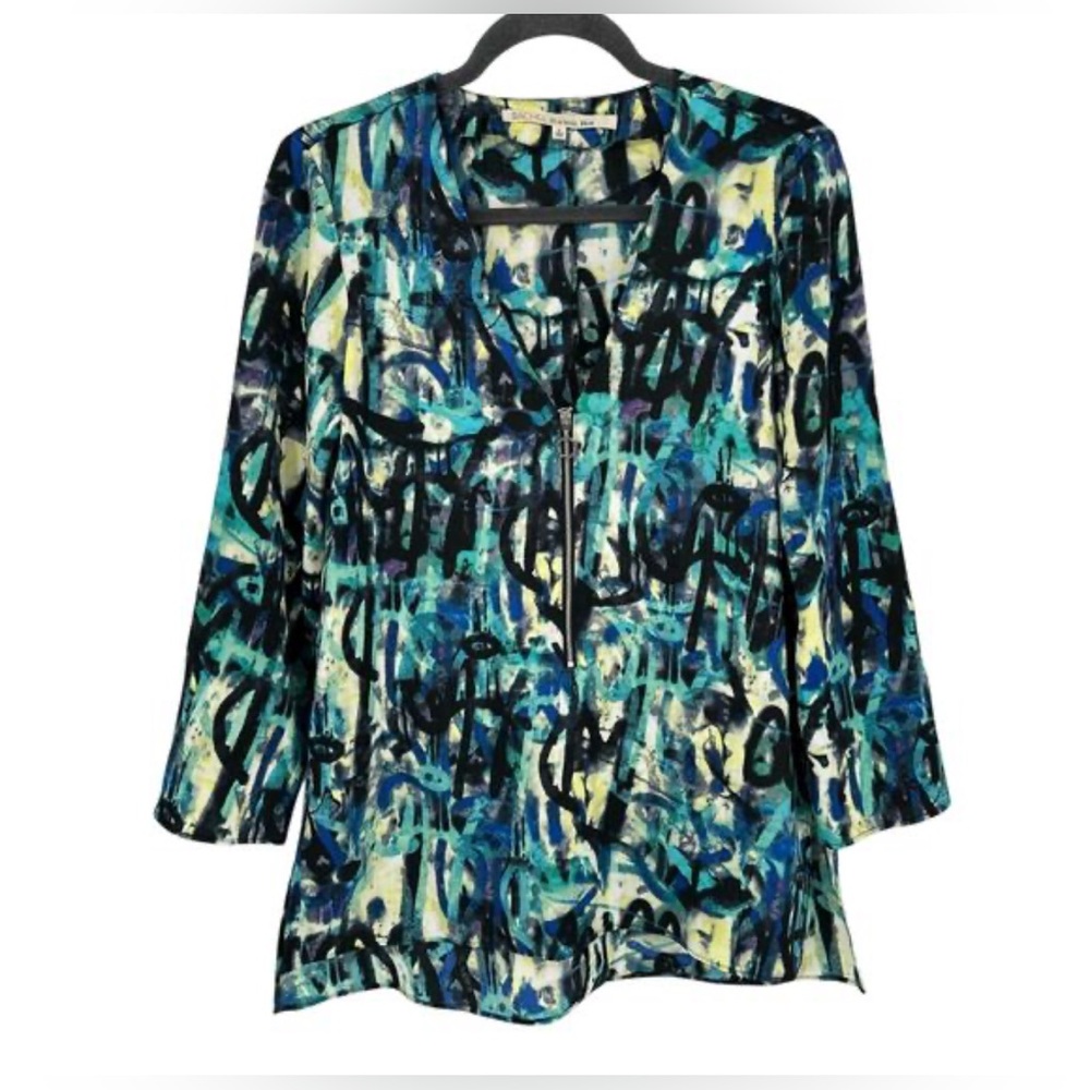 RACHEL Rachel Roy 1/2 Zip Blue and Green Abstract Blouse Tunic Size:Small